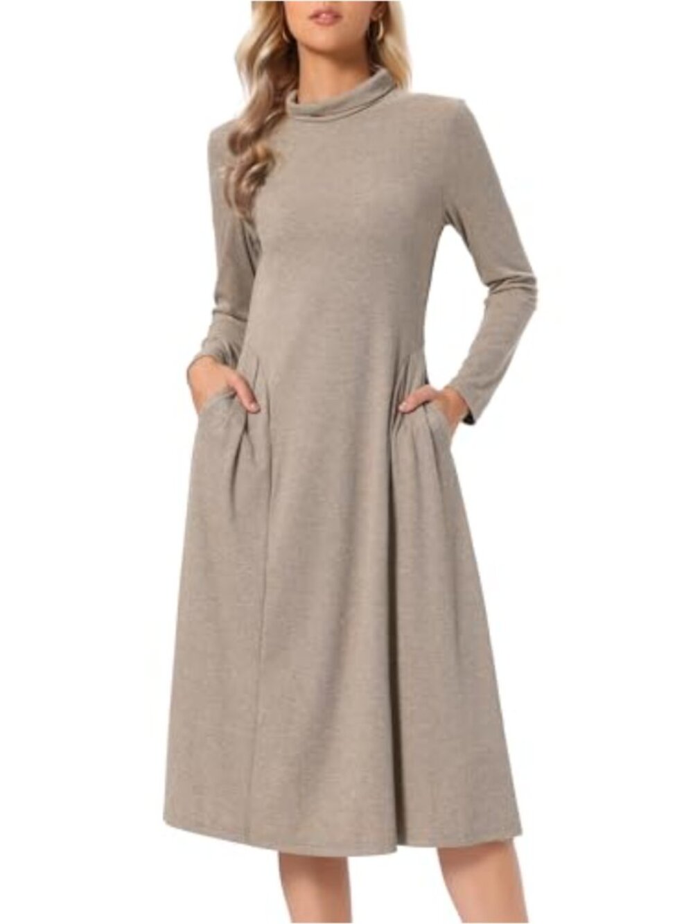 Women's Ribbed Knit Midi Dress Turtleneck Long Sleeve A-Line Fall